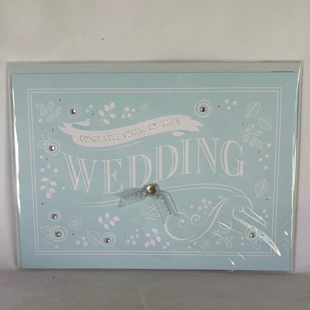 NWT BURGOYNE Wedding Greeting Card in Pale Blue with Silver Accents-5X7